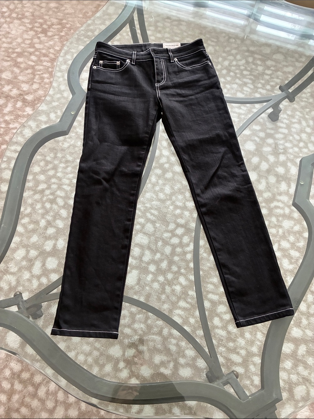 Alexander McQueen Black Women's Straight-Leg Jeans with white stiching